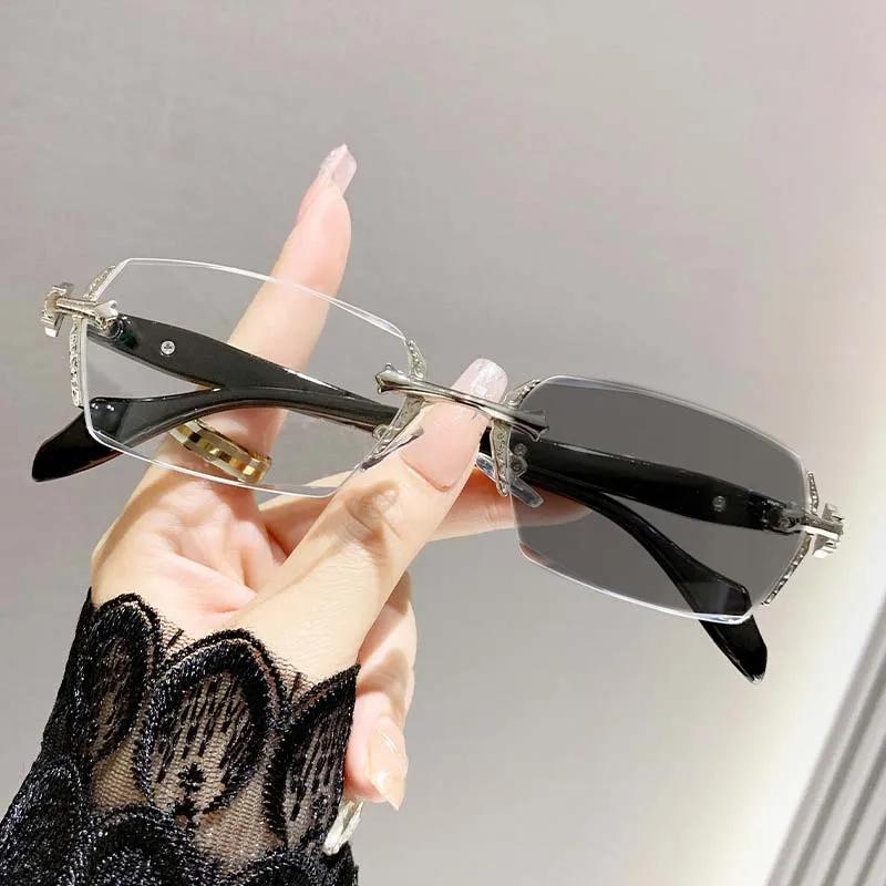 Color Changing Frameless Reading Glasses Cut Edges Photochromic Anti Blue Light Metal High-Definition Presbyopia Eyewear To +4.0