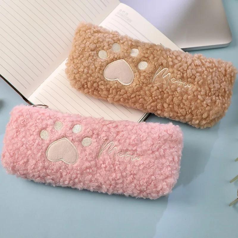 1PCS Hairy Cute Kawaii Cat Paw Plush Pencil Bag Case Girl Supplies Simple Student Stationery Pen Case Storage Bag Gifts for Kids