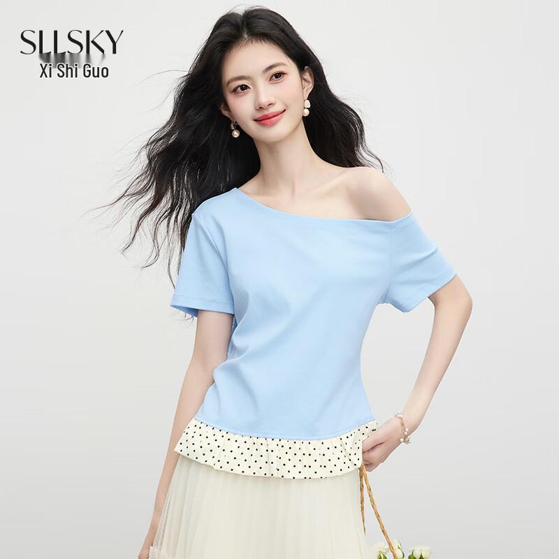 Sllsky Polka Dot Asymmetric Shoulder T-Shirt S
