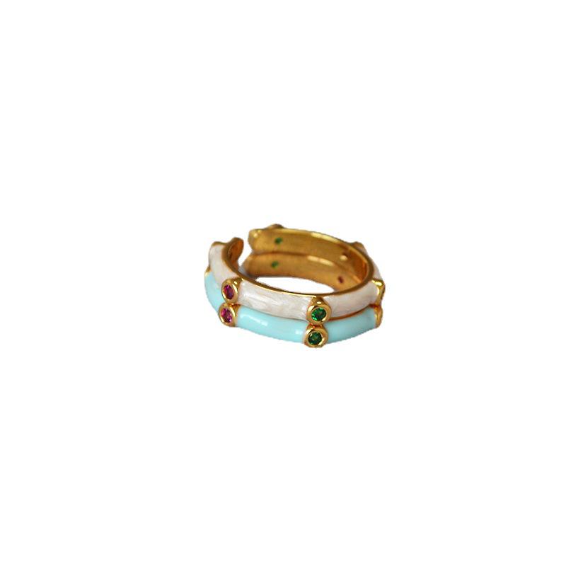 Handmade Enamel Bamboo Zircon Ring - Japanese and Korean Design, Delicate, Colorful, Stackable, Open, Simple and Exquisite