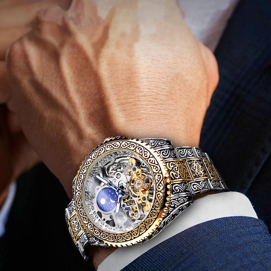 TeamSky Mechanisch Edelstahl Groß Mondphase Geschenk für Männer Herrenuhr, Graviert, Automatisch, Stahl, Multifunktion, Zifferblatt, Funktion, Wasserdicht,