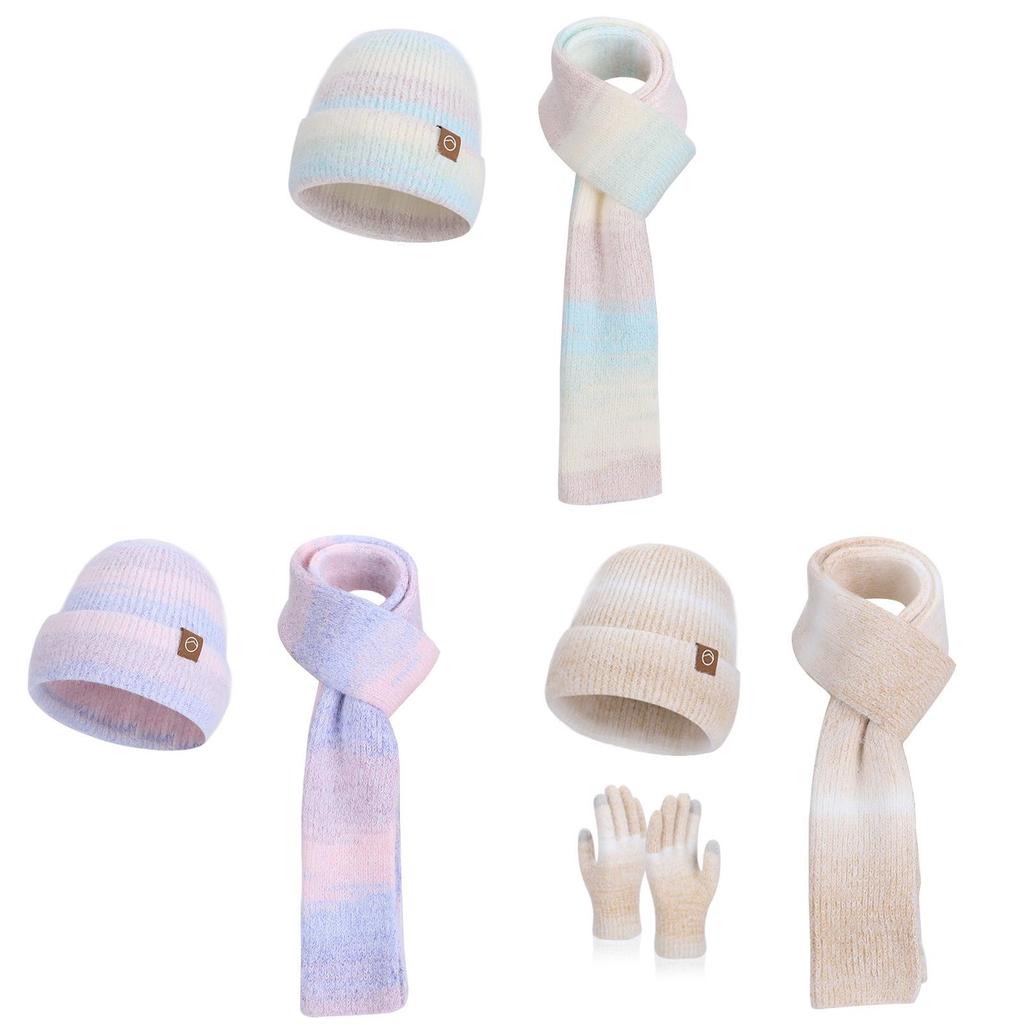 Knitted Hat Scarf Gloves Threepiece Winter Warmth Set For Ladies With Wind Resistance