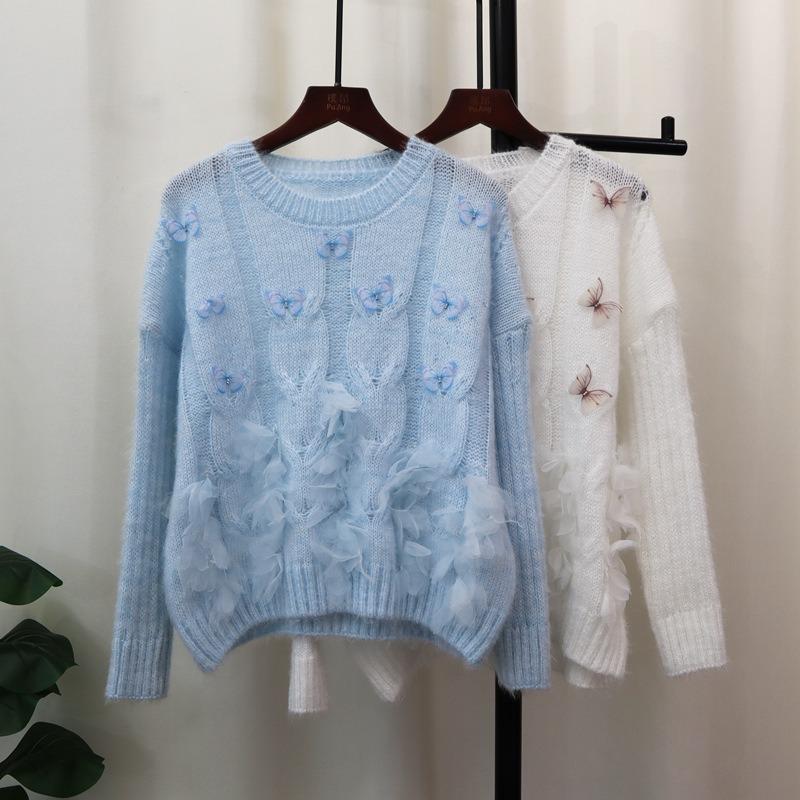 Autumn New Sweet Heavy Industry Butterfly Flower Design Sweater Pullover Soft Waxy Gentle Knitted Sweater Top Women