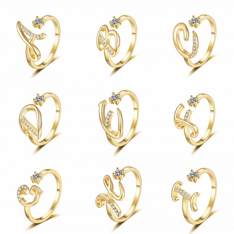 26-Letter Rhinestone Adjustable Open Ring - Women's Fashion and Luxury Accessory
