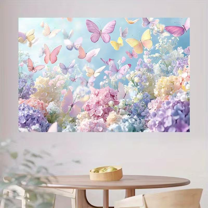 Pastel Butterfly Hydrangea Floral Photography Backdrop for Birthday Party