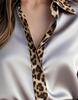 Damen-Hemd mit Leopardenmuster, Rundhalsausschnitt, Satin-Patchwork, Figurbetont, Langarm, Frühling/Herbst