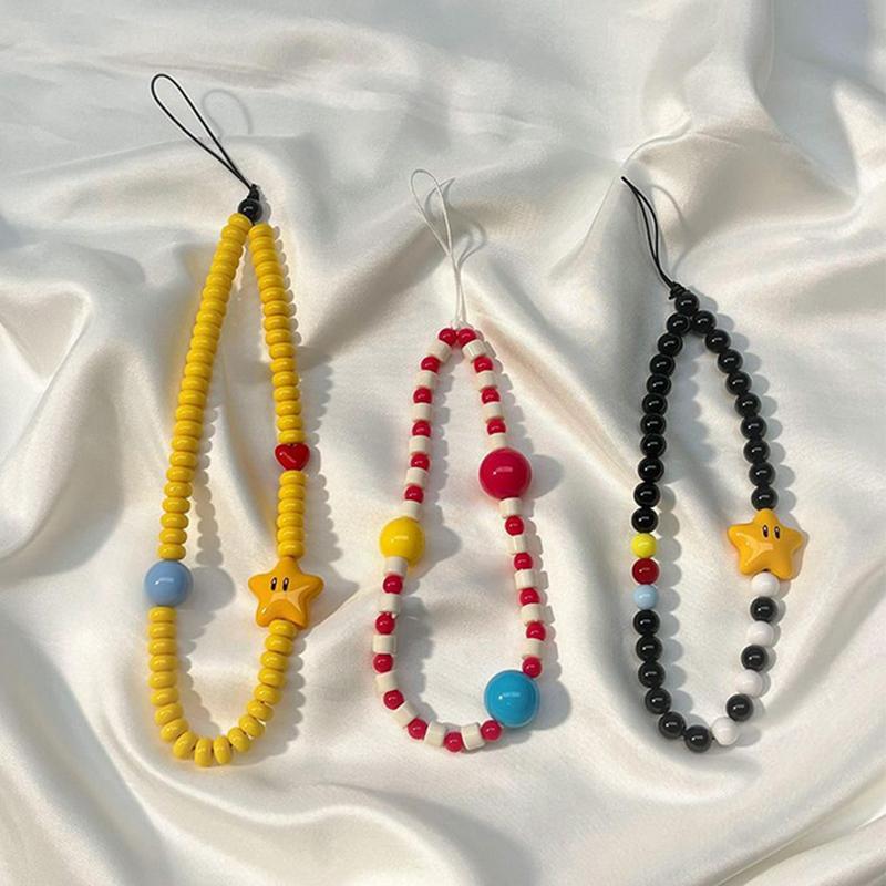 Ins Dopamine Star Black Yellow Beaded Phone Charm Strap Pendant For Iphone Camera Accessrioes Chain Lanyard Girls Hanging Rope