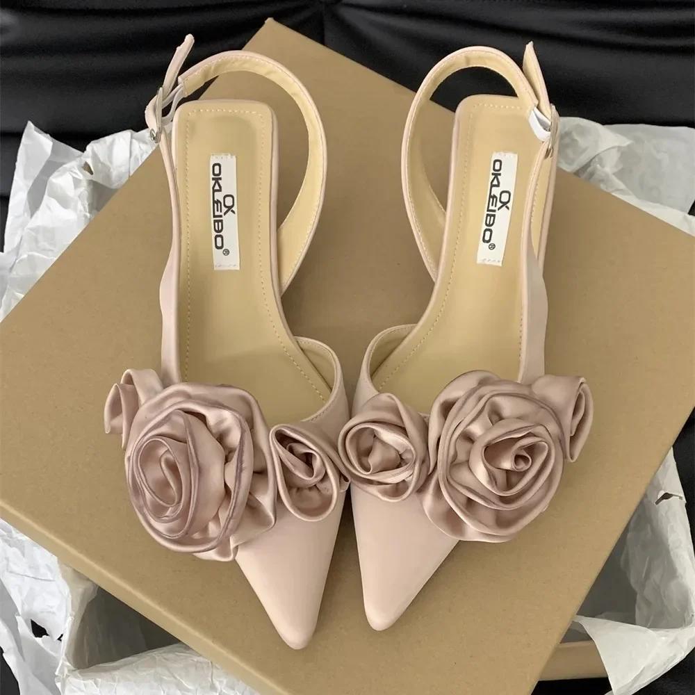 Fashion Elegant Woman Sandals High Heeled Sweet Rose Closed Toe Footwear 2024 Summer Slingback Pointed Fashion Dress Ladies Shoes