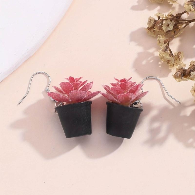 Adorable Resin Succulent Potted Plant Small Pendants Earrings Versatile Charm Ear Jewelry for Fashionable Individuals