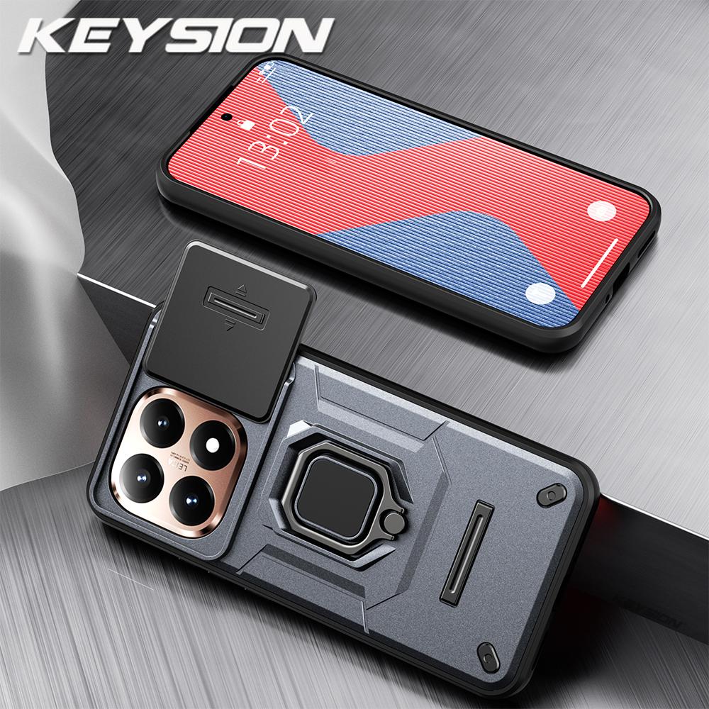KEYSION Shockproof Armor Case for Xiaomi 15T Pro 5G Slide Camera Protection Metal Ring Stand Phone Back Cover for Xiaomi 15T 5G