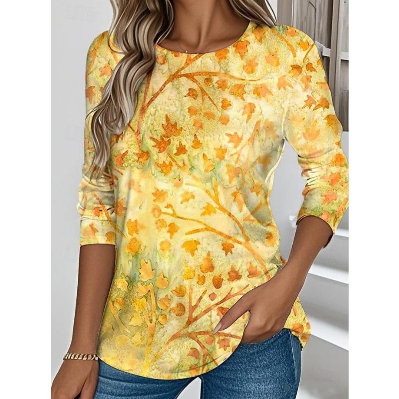 Camiseta de Manga Larga con Cuello Redondo y Estampado de Hojas para Mujer, Top Casual de Moda, Ropa Jersey