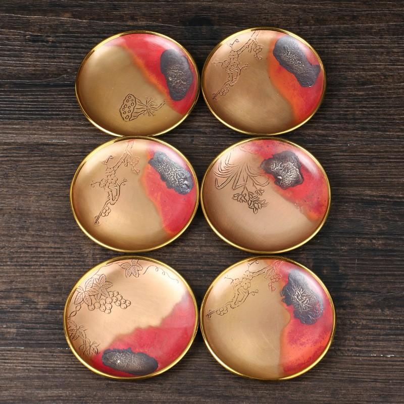 Copper Coaster With Plating Floral Design Heat-Resistant Cup Mat Tea Set Japanese Style