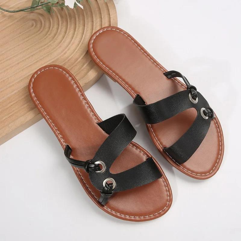 

Летние новые модные однотонные тапочки с круглым носком и открытым носком в стиле минимализма из искусственной кожи для женщин 36 чёрный