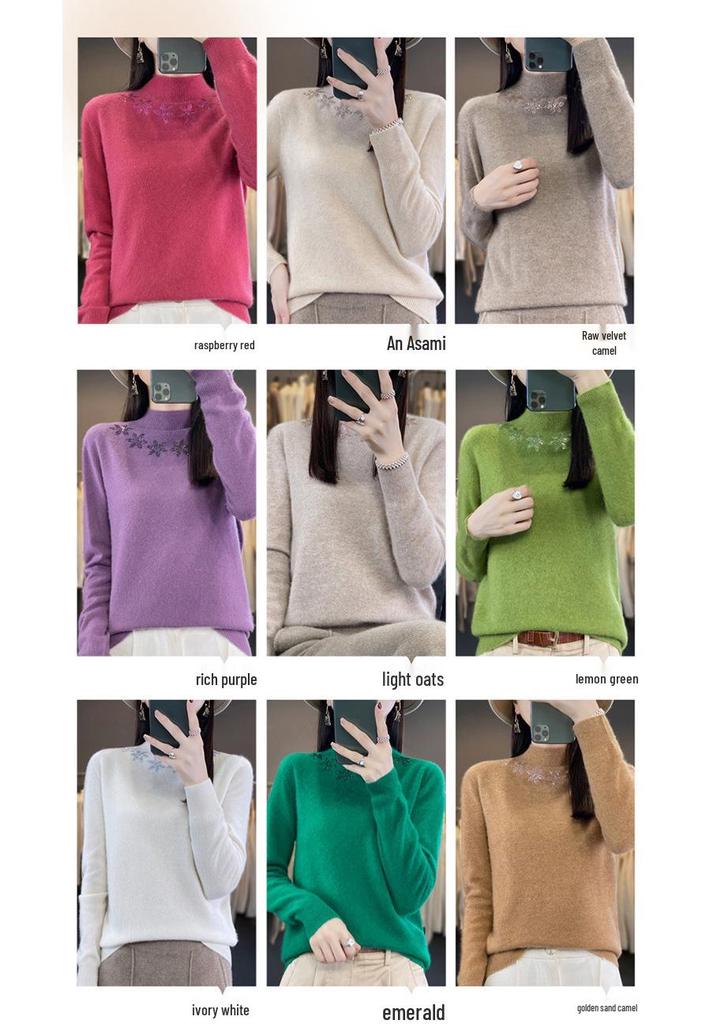 Autumn/Winter Rhinestone Embellished Knit Pullover - Women's Semi-High Neck Long Sleeve Top