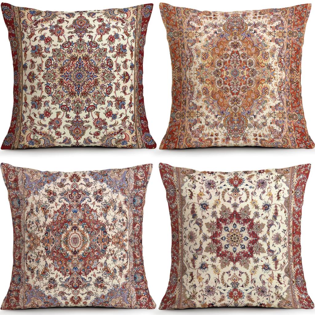 Set 4 Huse Pernă Decorativă Mandala Alb Crem Auriu Huse Elegante Luxe pentru Canapea Living Dormitor Decor Acasă