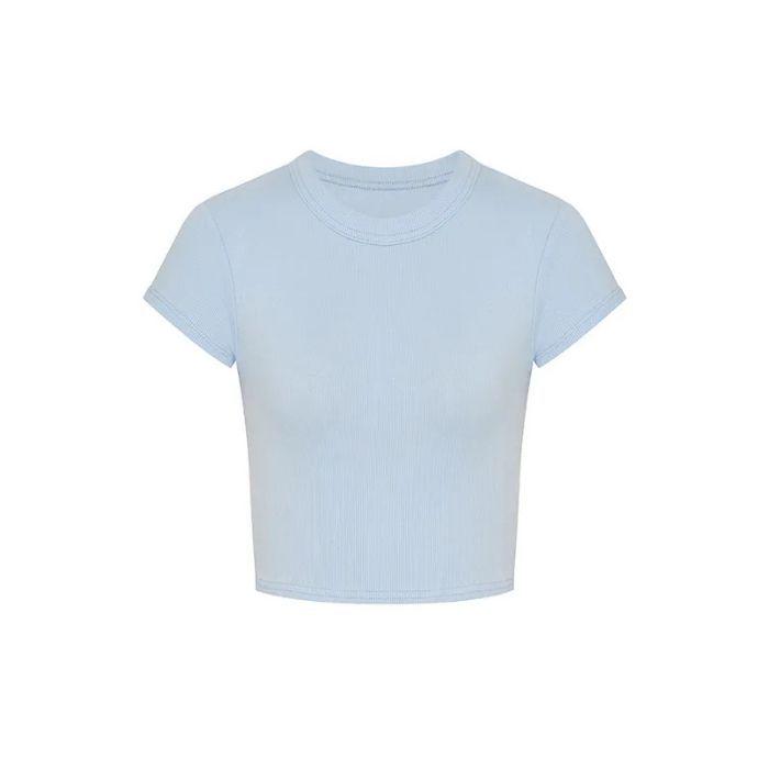 

Острый укороченный топ с круглым вырезом и короткими рукавами American Girl - Облегающий крой, Шикарная высокая талия, Летний стиль Small синий