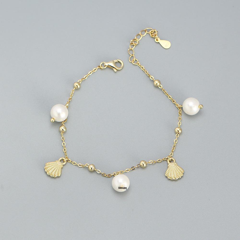 S925 Sterling Silver Pearl Shell Charm Bracelet - Fresh Summer Girl's Jewelry