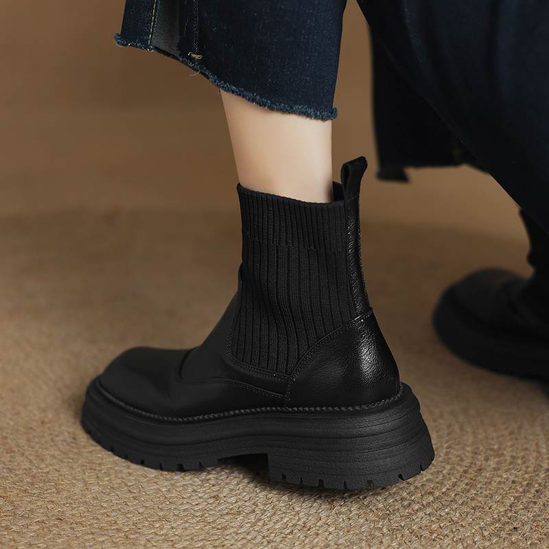 Krazing Pot Sheepskin Winter Round Toe Chunky Heels Fashion Motorcycle Boots Women Slip on Kniting Platform Ankle Boots