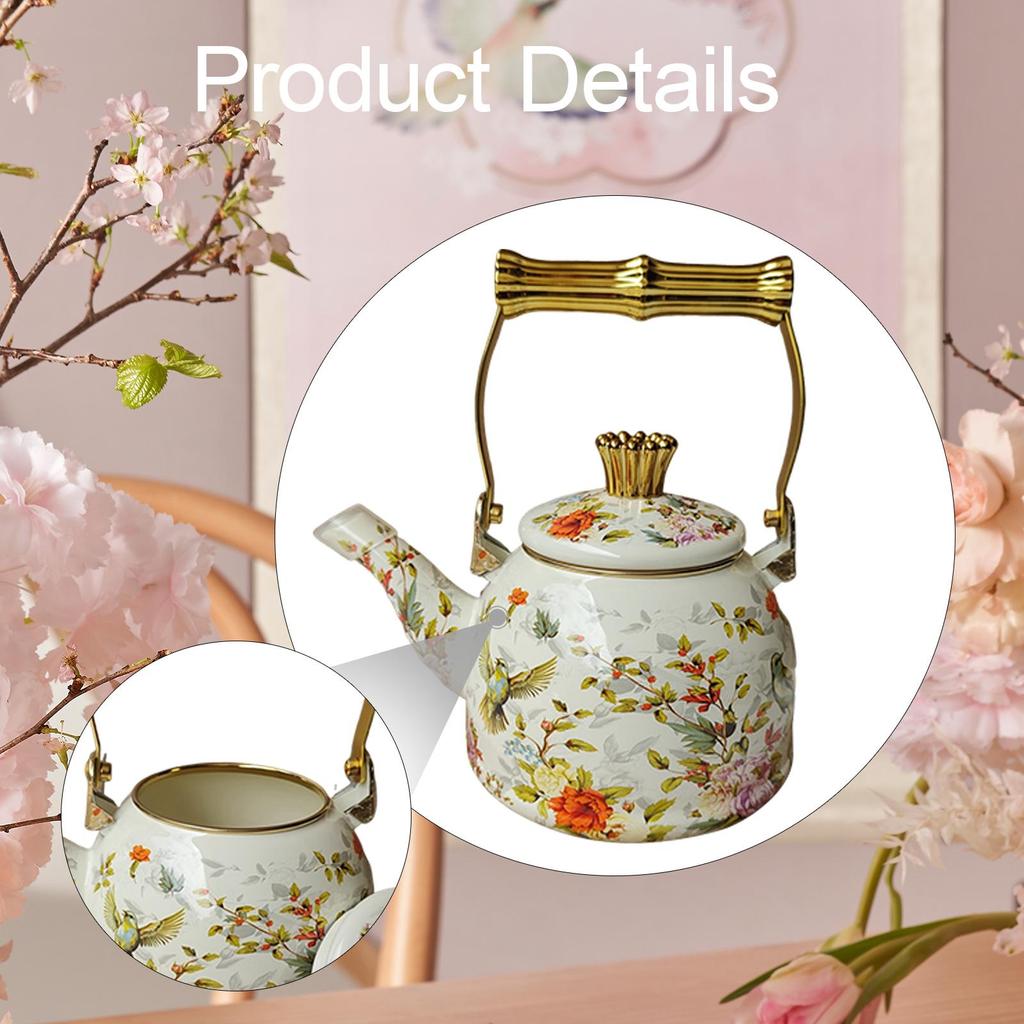 Elegant Enamel Teapot with And Floral Pattern; for Home, Office Cafe