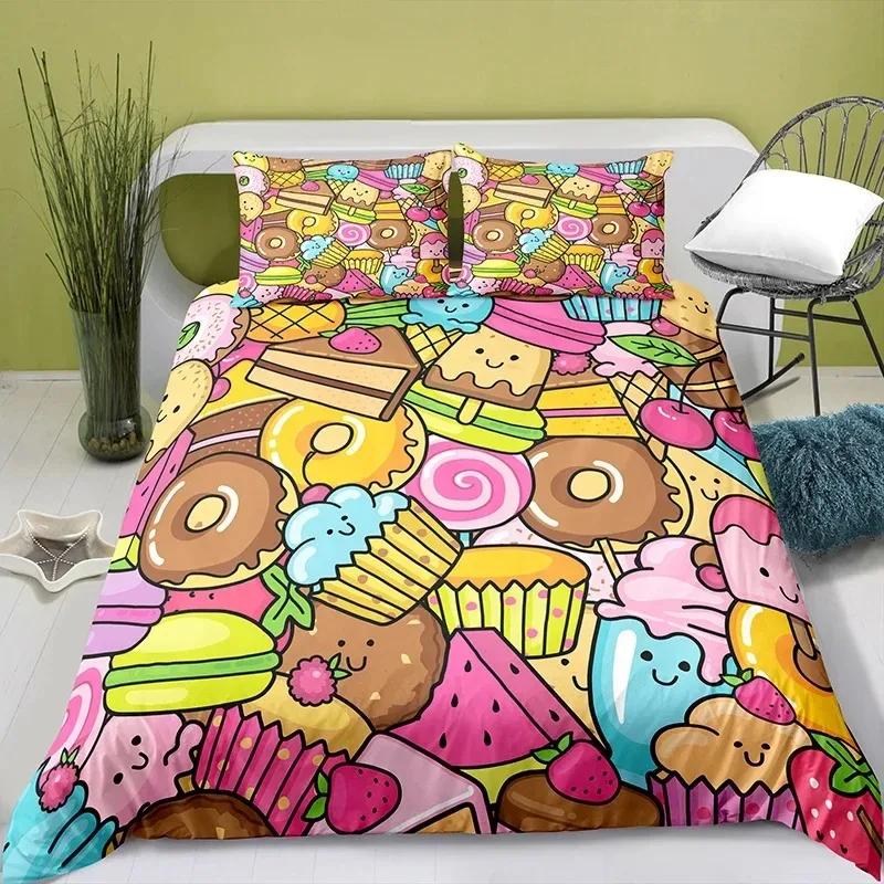 Lovely Cartoon Food King Queen Duvet Cover Pearl Milk Tea Bedding Set Kids Teens Adults Dessert Fries Cola Polyester Quilt Cover