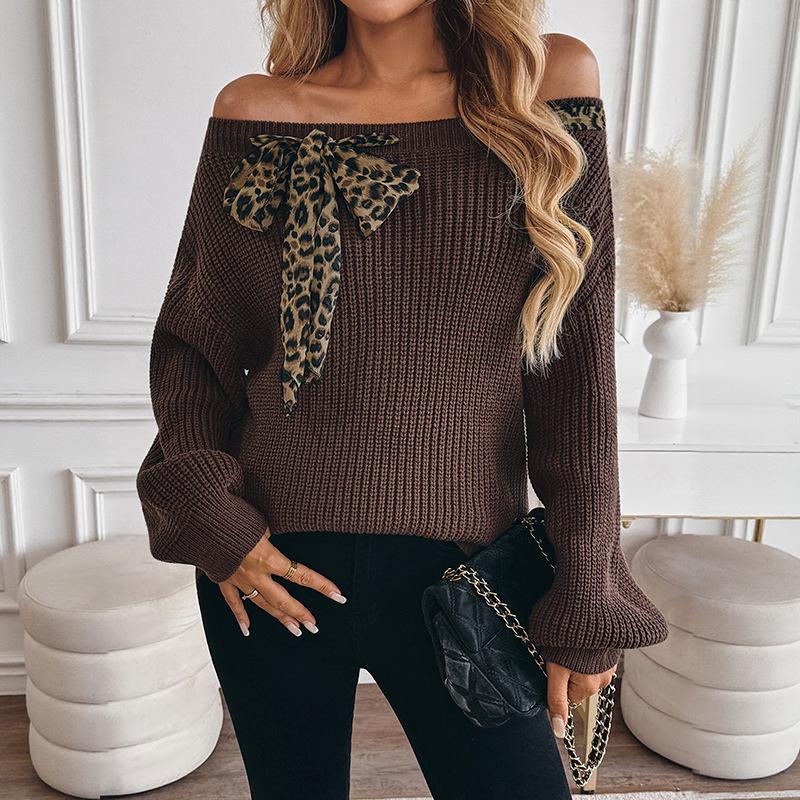 One-Shoulder Retro Knitted Bow Pullover Sweater for Women - 2025 Autumn/Winter European & American Lazy Style
