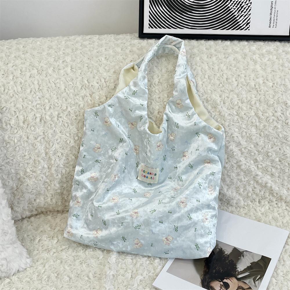 

Fashionable Finish Pearl Bear Motif Silk Shoulder Bag With Spacious Design For Daily Outings Blue