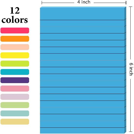 NESCCI 12 Pads Lined Sticky Notes 4x6 Sticky Notes with Lines Self-Stick Note Pads 12 Bright Multi Colors Big Rectangular Sticky Note for