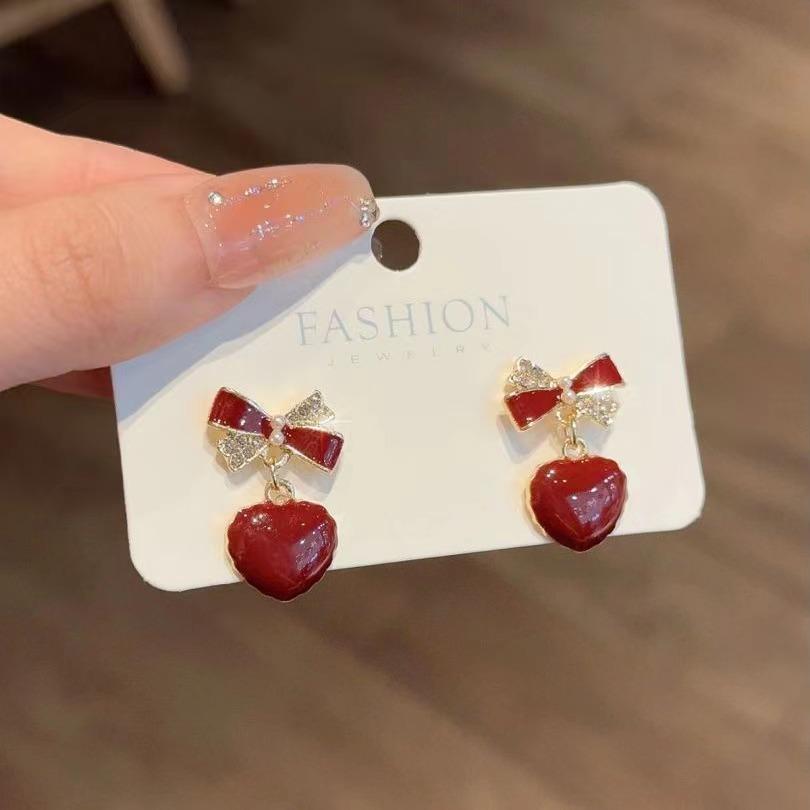 Bowknot Crystal Red Color Heart Pendant Earring for Women Sweet Gift Simple Geometry Temperament Creative Jewelry Accessory
