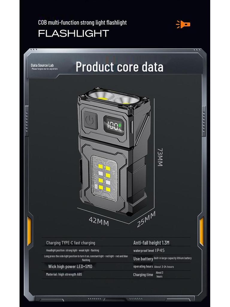 Portable Multi-Functional Rechargeable Flashlight with Rotating Head, Side Light, Red/Blue Burst Flash, and Magnetic Base for Outdoor Use.