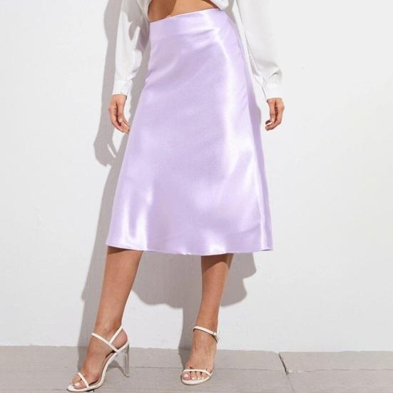Women Midi Skirt High Waist Satin-Like Shiny Skirt Solid Color