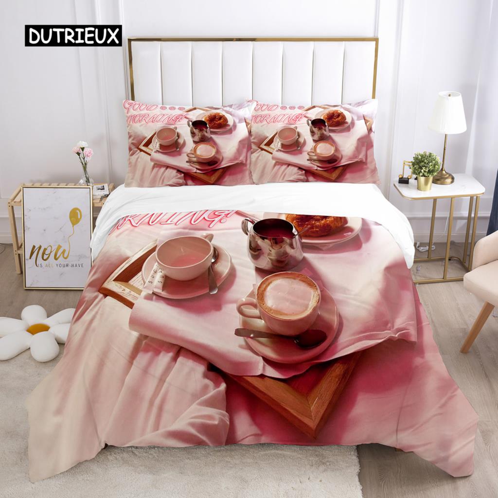 Good Morning Duvet Cover Set Microfiber Coffee Rose Cozy Breakfast Twin Bedding Set Double Queen King Size 2/3pcs Quilt Cover