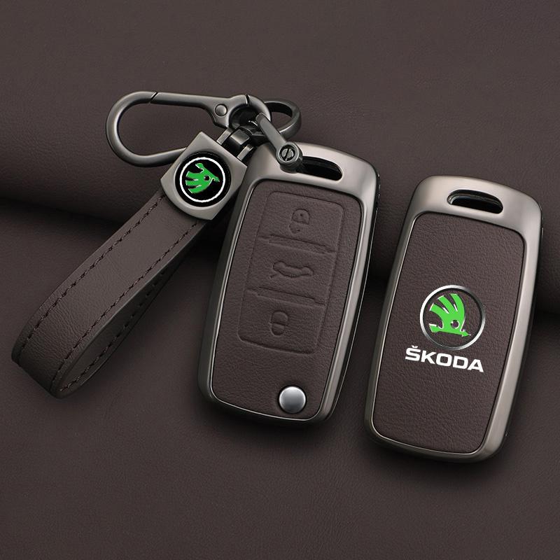 XOWS7 Zinc Alloy Leather Car Remote Key Case Cover Protector Shell Fob For Skoda Superb A7 Kodiaq Octavia A7 A8 Keychain Accessories