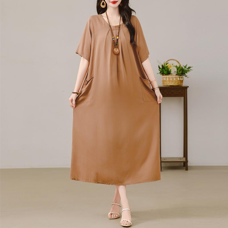 Women's Plus Size Maxi Dress, Boho Print Loose Short Sleeve Casual Dress with Pockets (XL-5XL)