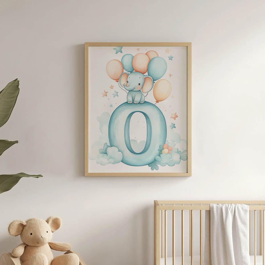 Plakat Słonik Na Chmurze Z Literą O Plakat Słonik Na Chmurze Z Literą O, 50X70 Cm, Rama Aluminiowa Złota, Papier Matowy 230 Gsm