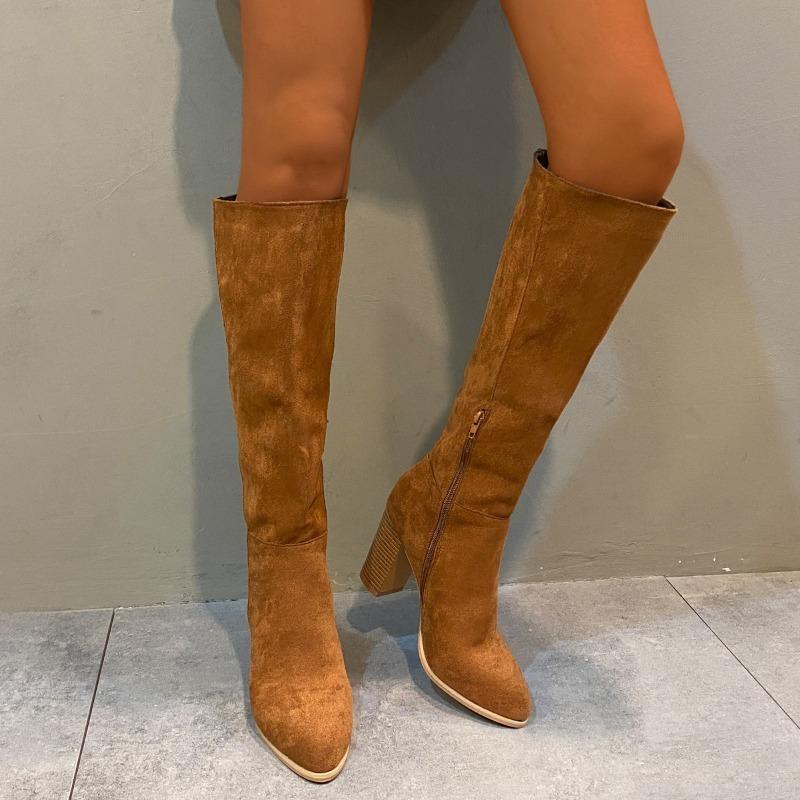 Fashion Retro Tall Boots Fashion Autumn and Winter New Suede Pointed Toe Side Zipper Non-slip Skinny Stack Heel Boots