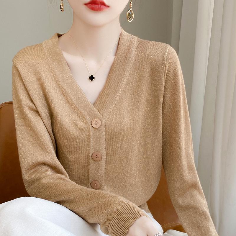 Women's Flashing V-Neck Knitted Cardigan - Lightweight Autumn Sweater, Stylish Short Outerwear, Air-Conditioning Top