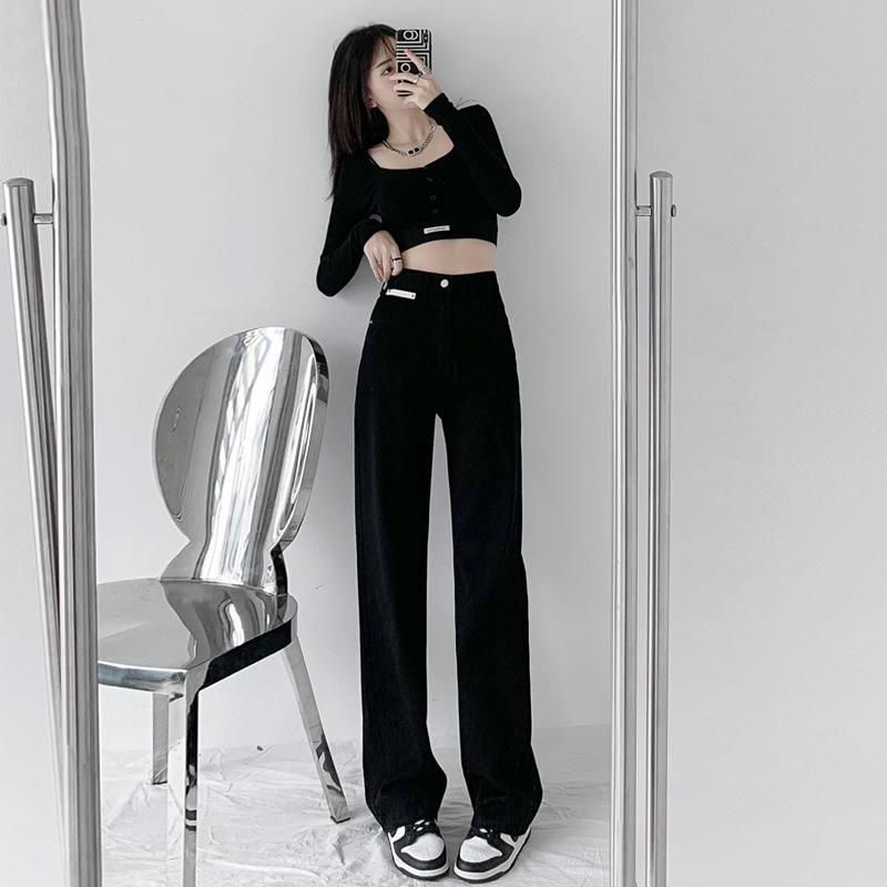 

Black Vibe Women s Wide-Leg Patch Design High-Waisted Floor-Length Jeans S