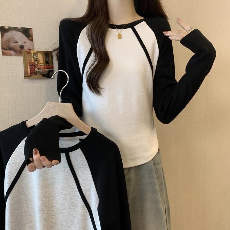 Wiosna Jesień Okrągły Dekolt Patchworkowy Dół T-shirt Kobiety Długi Rękaw Casual Moda Pulower Bawełniany T-shirt Top