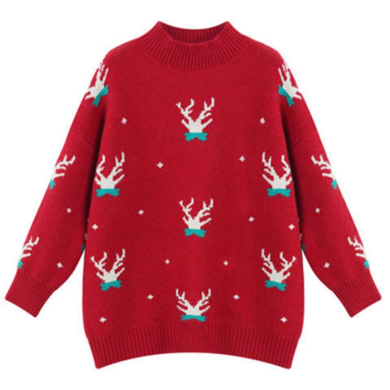

WTEMPO Осень-зима Рождественский лось Красный полуводолазный свитер женский свободный тонкий длинный рукав трикотажный свитер S красный