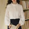 Nesolum Women's White Frill Stand-Up Collar Shirt - Autumn French Retro Long-Sleeve Loose Top