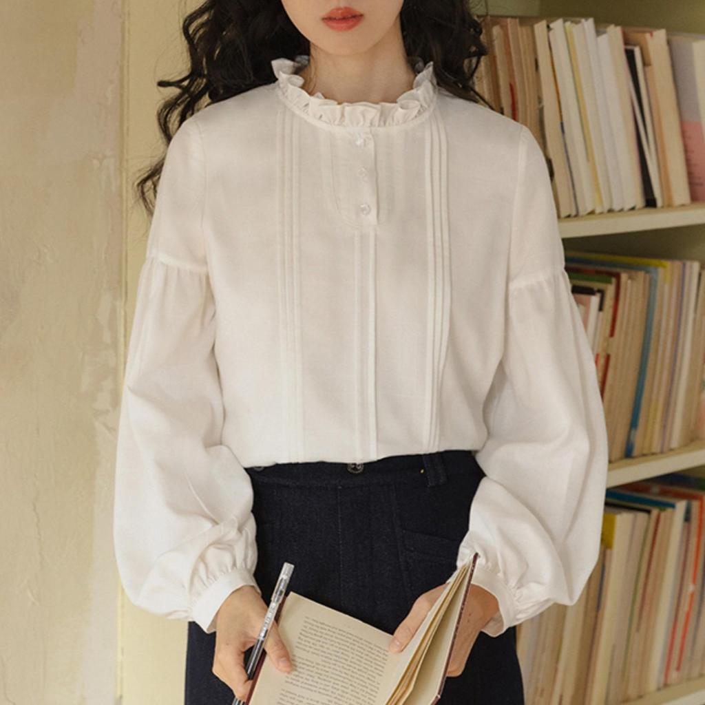 Nesolum Women's White Frill Stand-Up Collar Shirt - Autumn French Retro Long-Sleeve Loose Top
