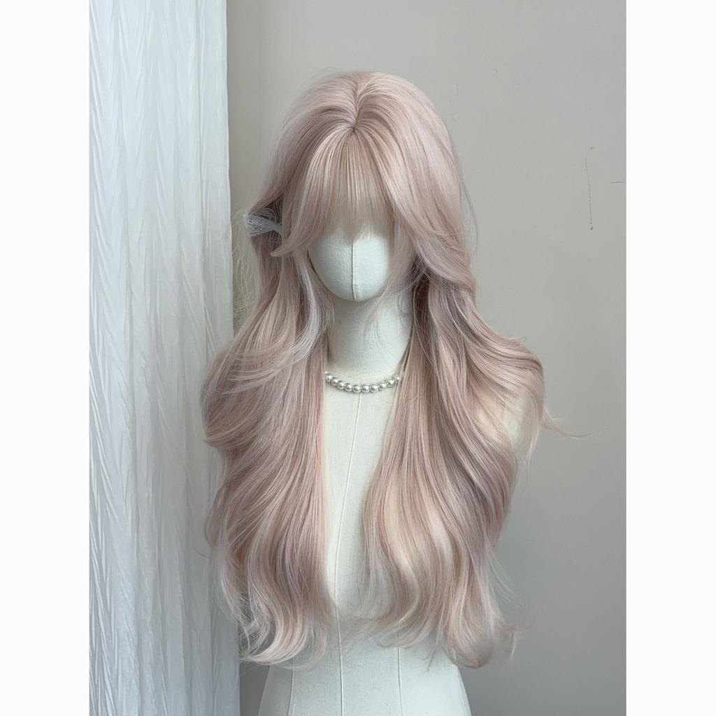 Wig for Women - Pink Long Hair with Misty Pink Blonde Highlights, Long Curly Hair with Straight Bangs, Japanese-style Kawaii Natural Full Lace Wig