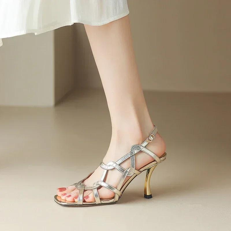 Summer Women Sandals Sheep Suede Leather Thin Heel Shoes Sexy High  for Vintage Roman