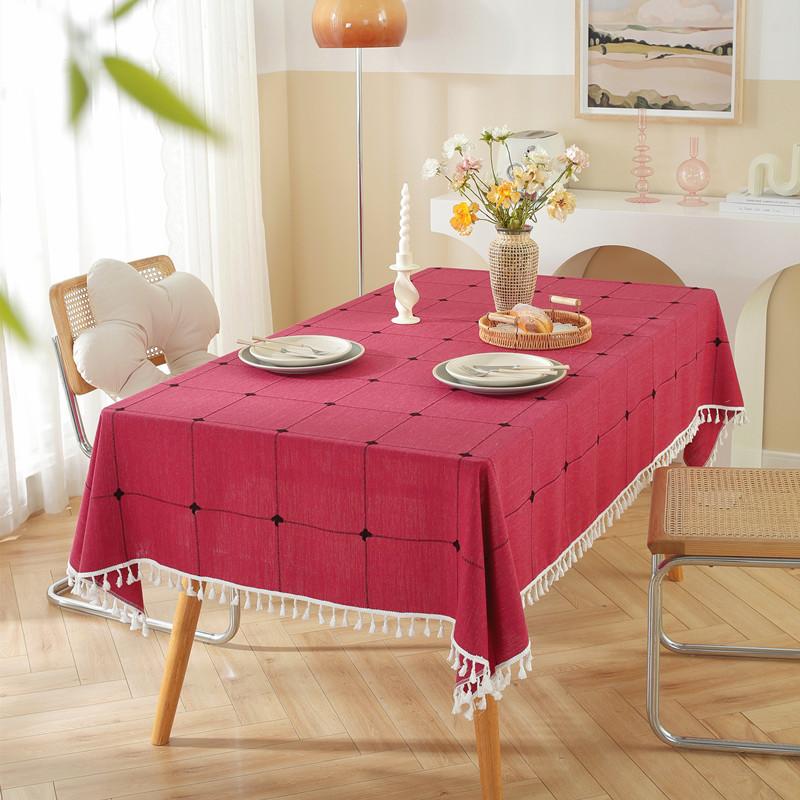 Plaid Table Cloth Rectangle Table, Cotton Linen Tablecloths Farmhouse Tablecloth, Soft and Wrinkle Free Table Cover with Tassels