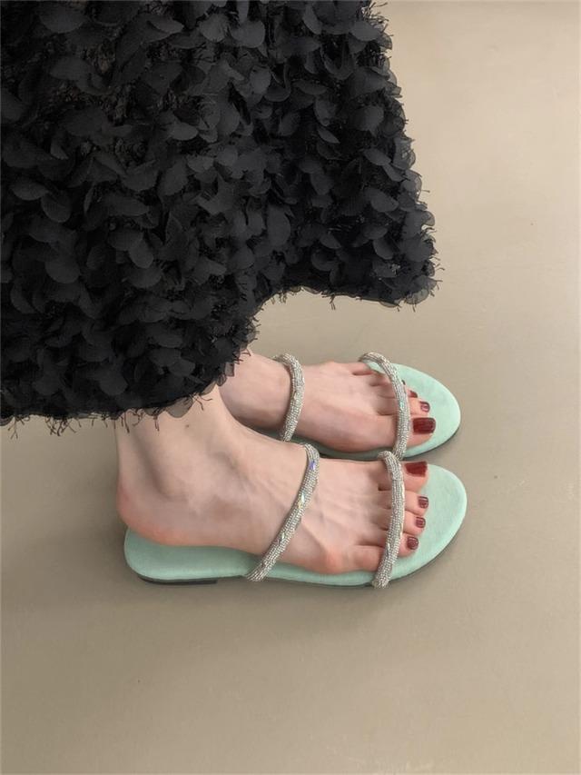 Premium Sense, Sandals Girl 2025 Summer New Rhinestone Open-toed Thin Strap Fairy Versatile Outer Wear Thick Heel Lazy Word Drag