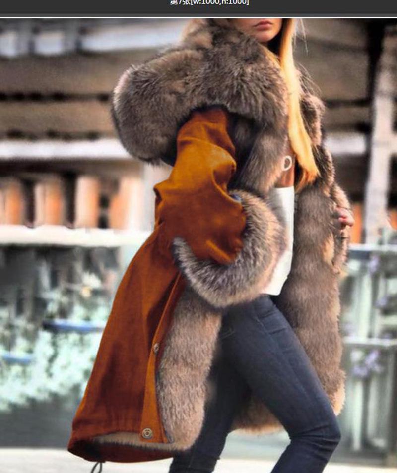 

Faux Crystal Fox Fur Collar Hooded Coat L коричневий