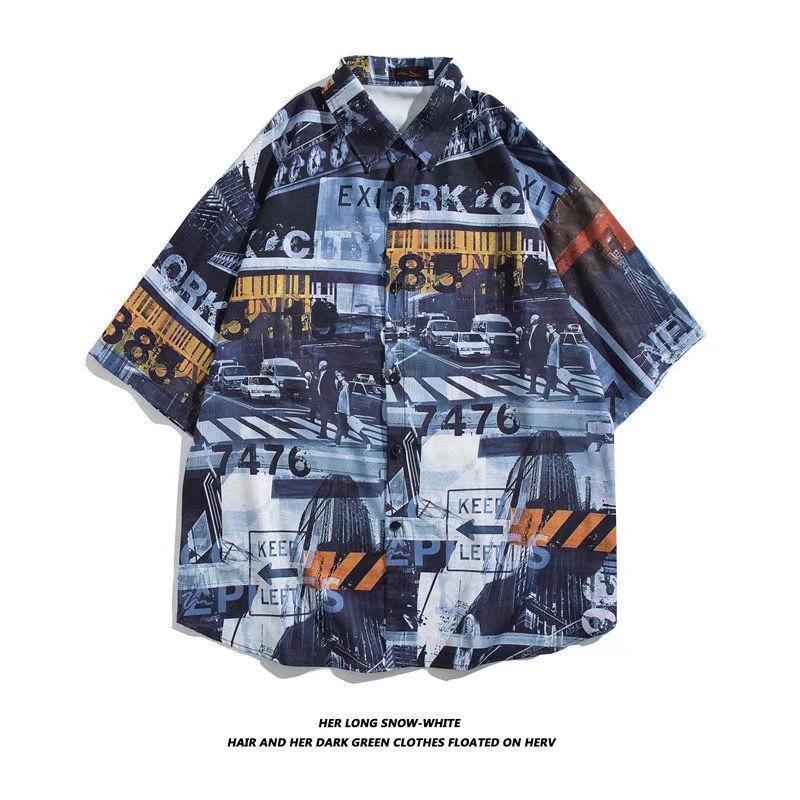 Handsome Pirate King Luffy Graffiti Short Sleeve Men's Trendy Loose Summer Shirt