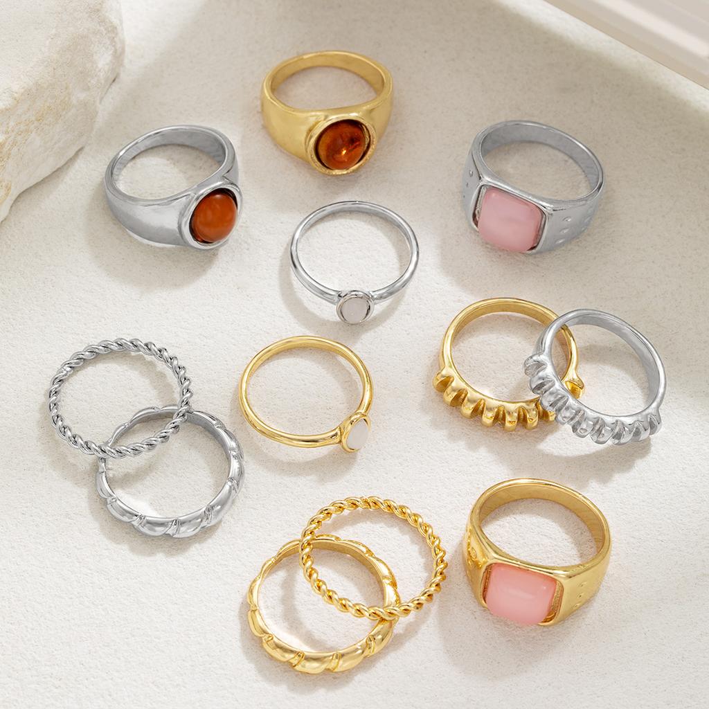 6 Pieces Fashion Personalized Pink Opal Twisted Fried Dough Twists Braid Stacked Women's Ring Set