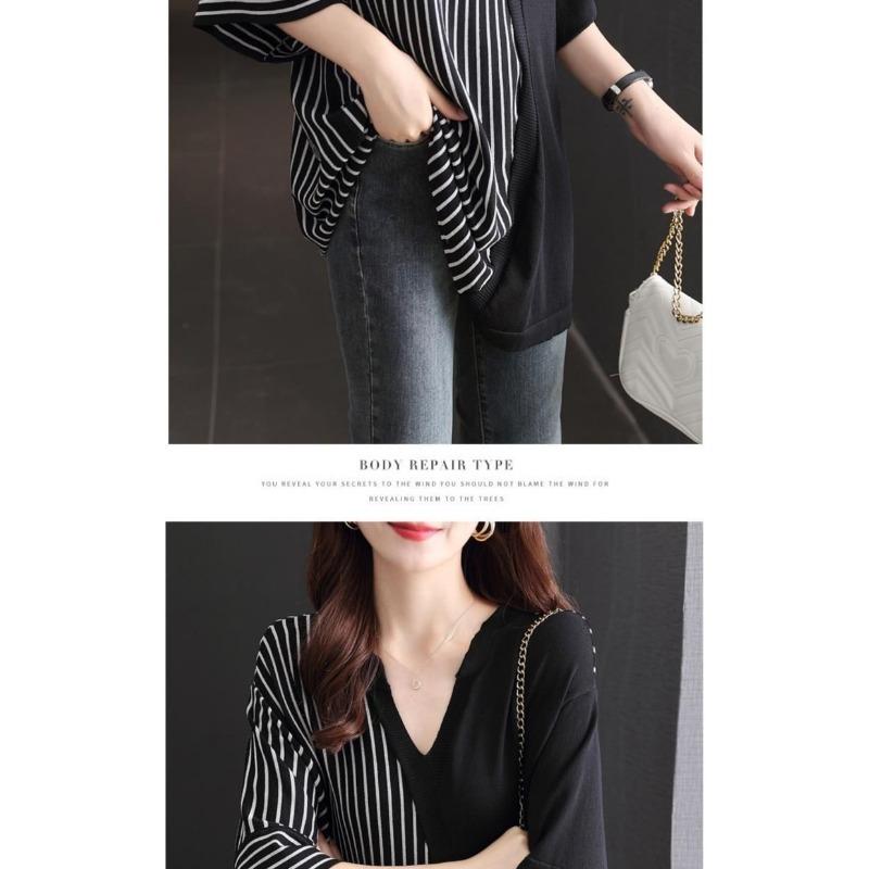 Plus Size Summer New Women's Clothing Lazy Style V-neck Loose Bottoming Thin Section Niche Five-quarter Sleeve Top Striped Splicing