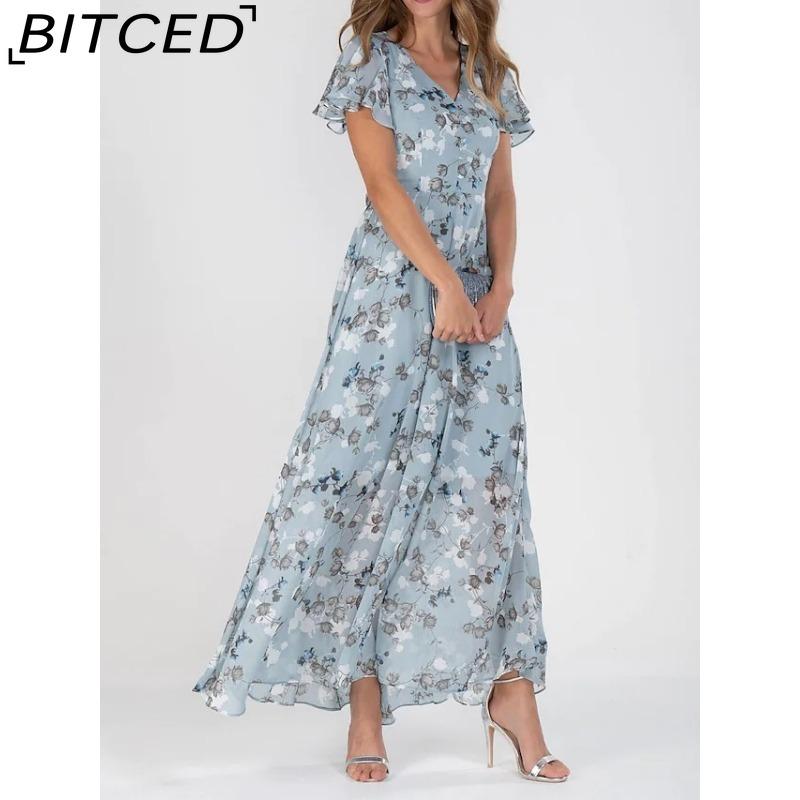 BITCED 6 Color V-neck Ruffle Maxi Dress Short Sleeves Fitted Waist High Waist Flowy Hem Cute Floral Chiffon Dress Women Clothing